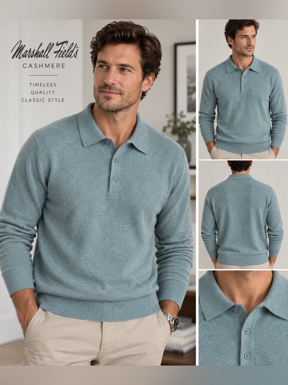 Vintage Marshall Field’s 100% Cashmere Polo Sweater Blue Gray Size M